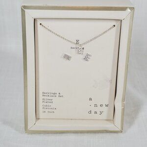 A New Day Letter E Initial Necklace & Earring Set Silver Plated Cubic Zirconia